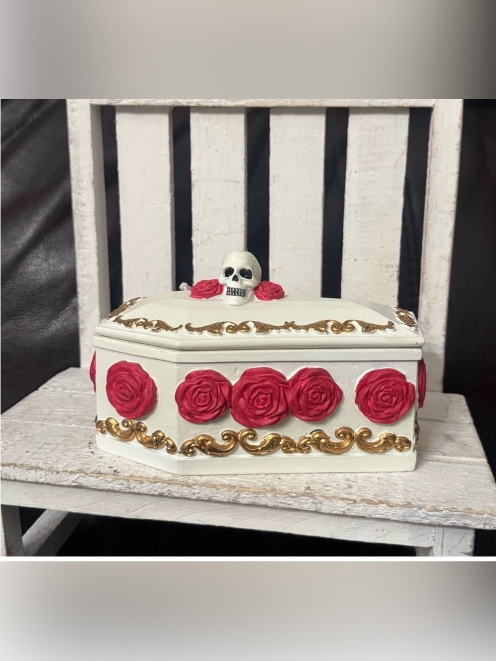 Decorative White candle Halloween with Red Roses and Gold Accents